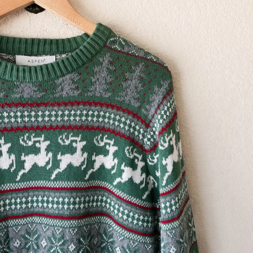 Aspen Men’s Fair Isle Sweater M Green Reindeer Christmas Holiday 100% Cotton